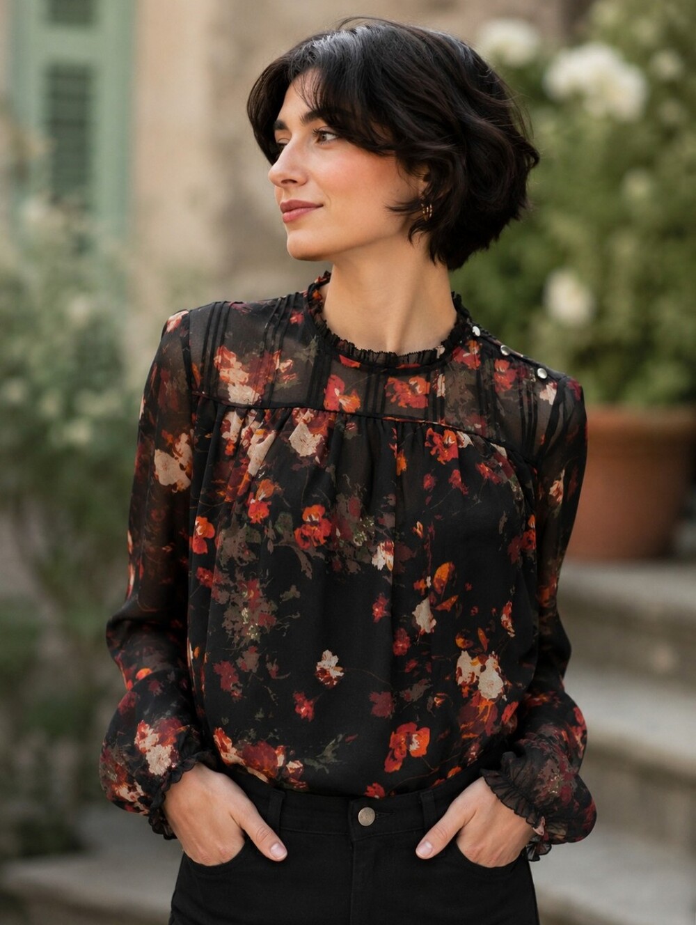 Aritzia Wilfred Black Floral Sheer Long-Sleeve Blouse